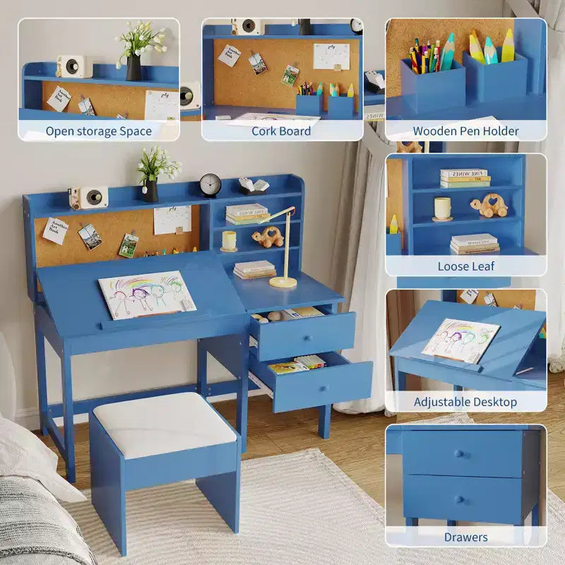 Escritorio y Silla Infantiles de Madera Mesa de Estudio con Tablero Inclinable Ajustable Cajones de Almacenamiento y Tablero de Corcho para el Aprendizaje de los Niños