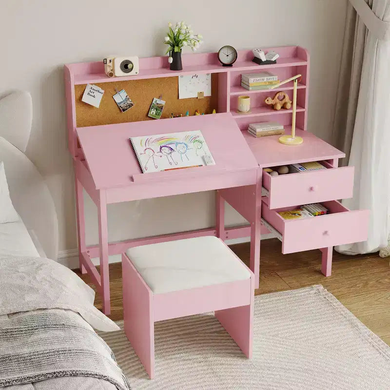 Escritorio y Silla Infantiles de Madera Mesa de Estudio con Tablero Inclinable Ajustable Cajones de Almacenamiento y Tablero de Corcho para el Aprendizaje de los Niños