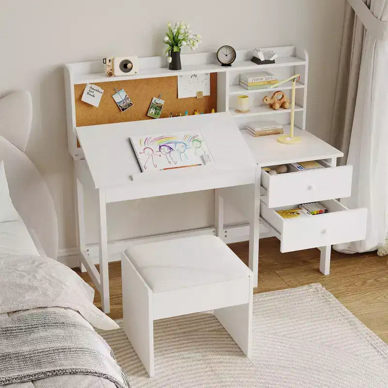Escritorio y Silla Infantiles de Madera Mesa de Estudio con Tablero Inclinable Ajustable Cajones de Almacenamiento y Tablero de Corcho para el Aprendizaje de los Niños