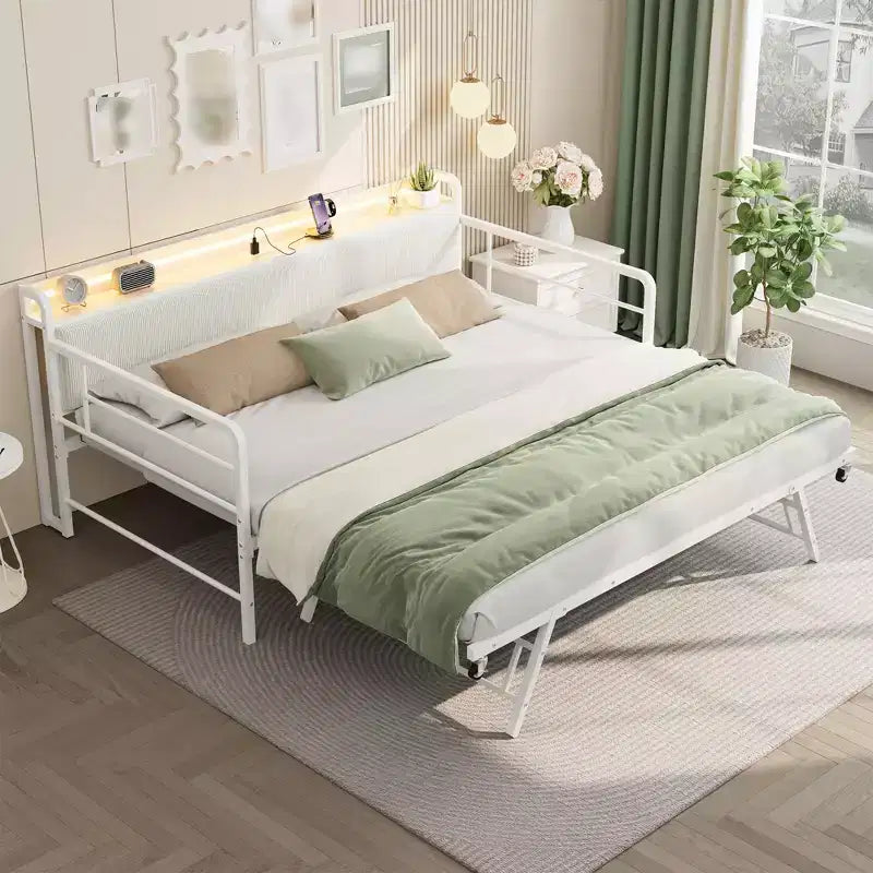 Sofá cama individual con nido, marco de metal con estación de carga y cabecero tapizado con almacenamiento, sofá cama de metal para dormitorio, habitación de invitados