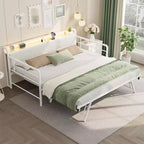 Sofá cama individual con nido, marco de metal con estación de carga y cabecero tapizado con almacenamiento, sofá cama de metal para dormitorio, habitación de invitados