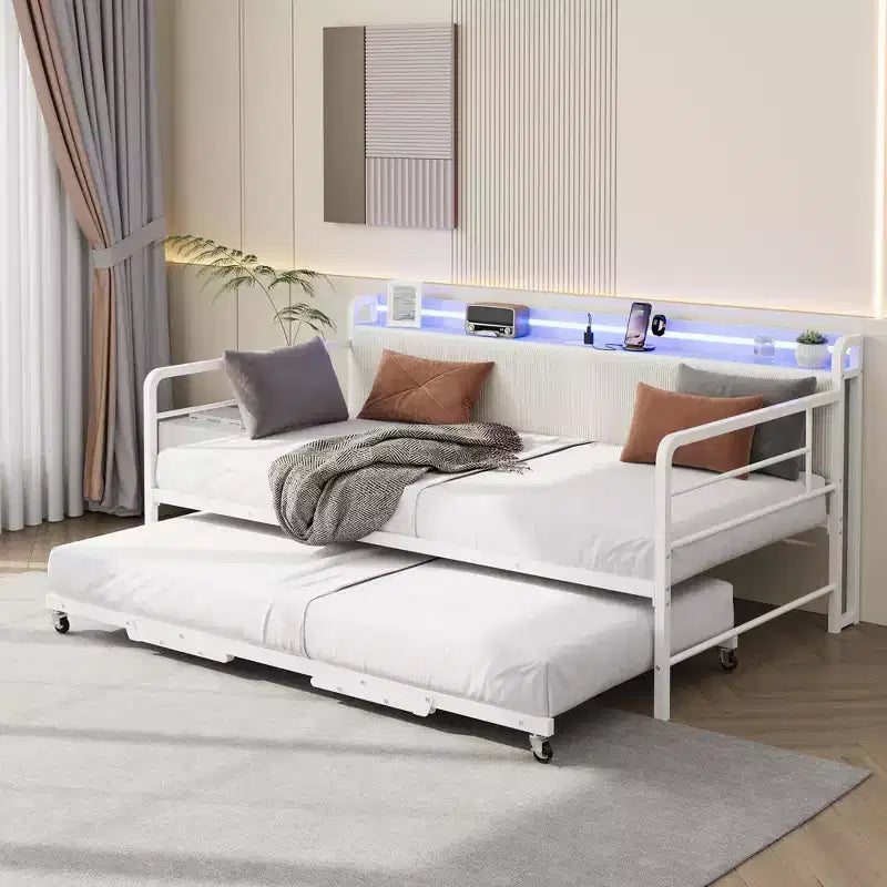 Sofá cama individual con nido, marco de metal con estación de carga y cabecero tapizado con almacenamiento, sofá cama de metal para dormitorio, habitación de invitados