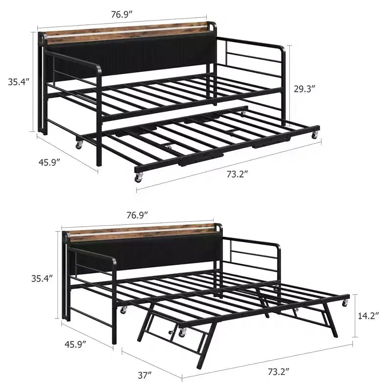 Sofá cama individual con nido, marco de metal con estación de carga y cabecero tapizado con almacenamiento, sofá cama de metal para dormitorio, habitación de invitados