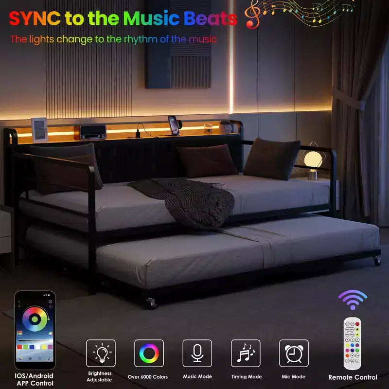 Sofá cama individual con nido, marco de metal con estación de carga y cabecero tapizado con almacenamiento, sofá cama de metal para dormitorio, habitación de invitados