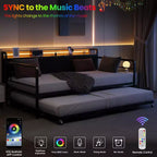 Sofá cama individual con nido, marco de metal con estación de carga y cabecero tapizado con almacenamiento, sofá cama de metal para dormitorio, habitación de invitados