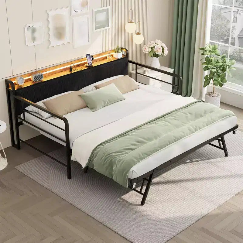 Sofá cama individual con nido, marco de metal con estación de carga y cabecero tapizado con almacenamiento, sofá cama de metal para dormitorio, habitación de invitados