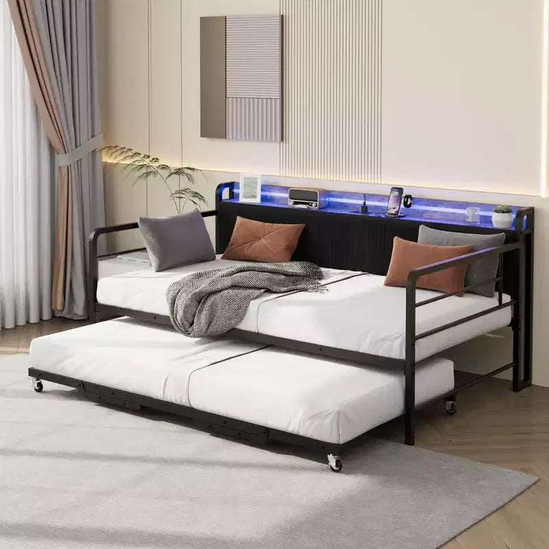 Sofá cama individual con nido, marco de metal con estación de carga y cabecero tapizado con almacenamiento, sofá cama de metal para dormitorio, habitación de invitados