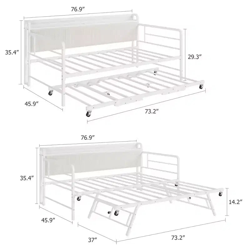 Sofá cama individual con nido, marco de metal con estación de carga y cabecero tapizado con almacenamiento, sofá cama de metal para dormitorio, habitación de invitados