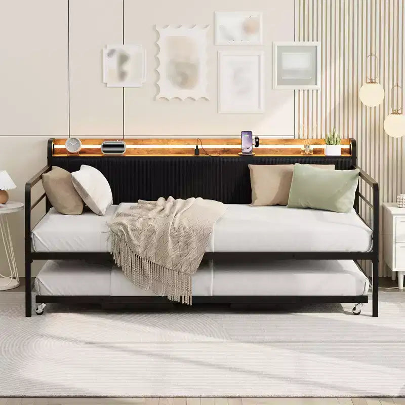 Twin Size Daybed with Trundle, Metal Bed Frame with Charging Station & Upholstered Storage Headboard, Metal Sofa Bed for Bedroom, Guest Room