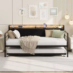 Twin Size Daybed with Trundle, Metal Bed Frame with Charging Station & Upholstered Storage Headboard, Metal Sofa Bed for Bedroom, Guest Room