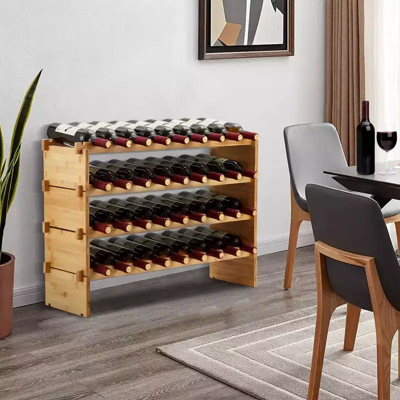 Botellero apilable para 36 botellas, almacenamiento de madera maciza de 4 niveles, de pie para suelo y encimera, perfecto para cocina, bar y armario, diseño antivuelco