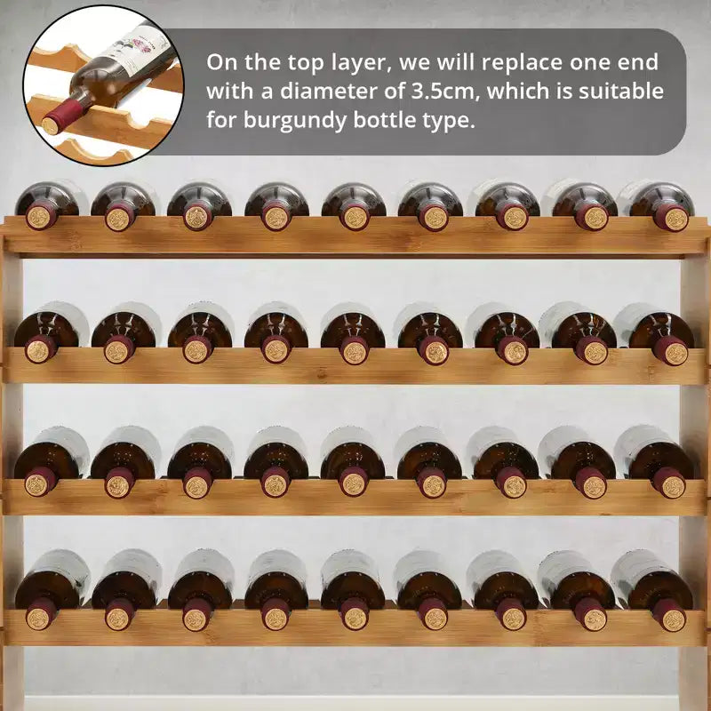Botellero apilable para 36 botellas, almacenamiento de madera maciza de 4 niveles, de pie para suelo y encimera, perfecto para cocina, bar y armario, diseño antivuelco