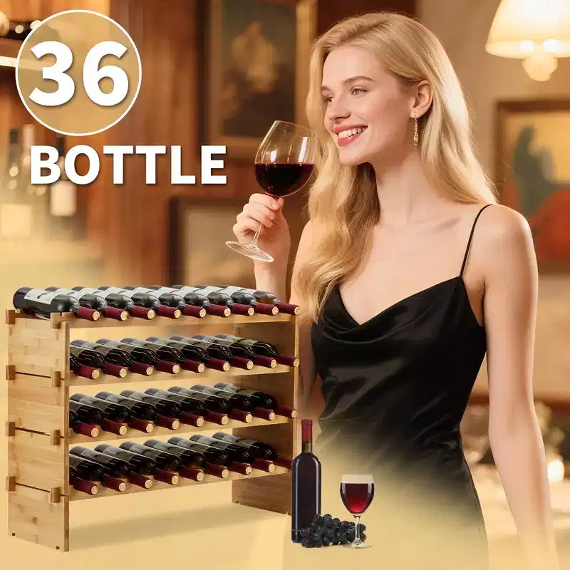 Botellero apilable para 36 botellas, almacenamiento de madera maciza de 4 niveles, de pie para suelo y encimera, perfecto para cocina, bar y armario, diseño antivuelco