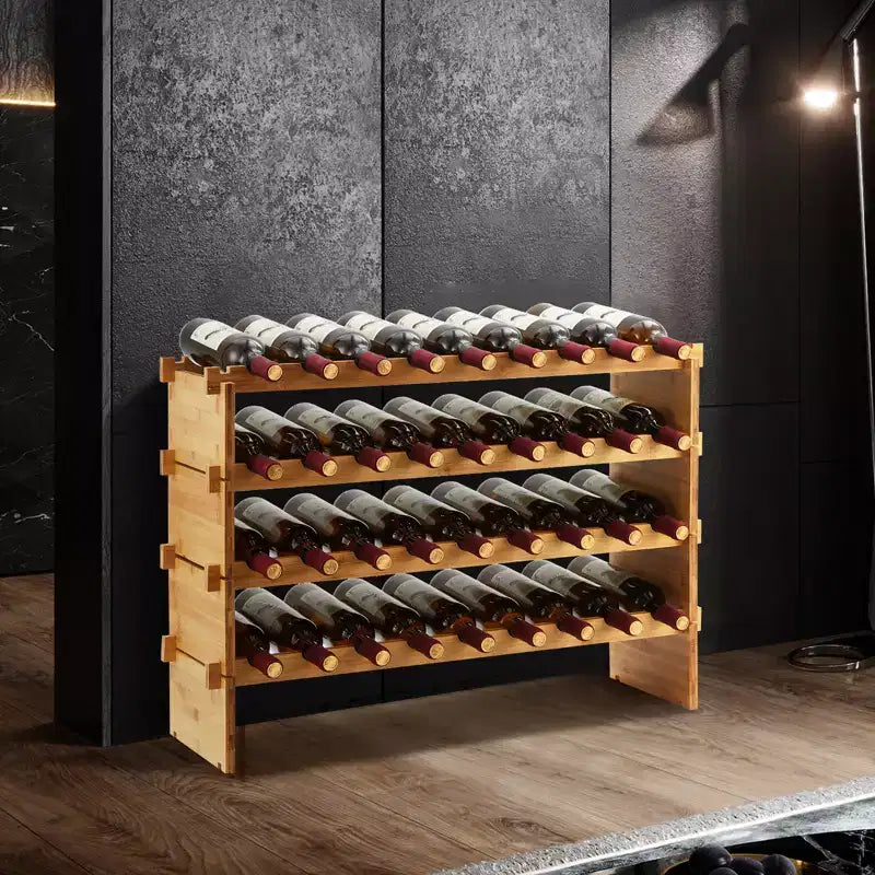 Botellero apilable para 36 botellas, almacenamiento de madera maciza de 4 niveles, de pie para suelo y encimera, perfecto para cocina, bar y armario, diseño antivuelco