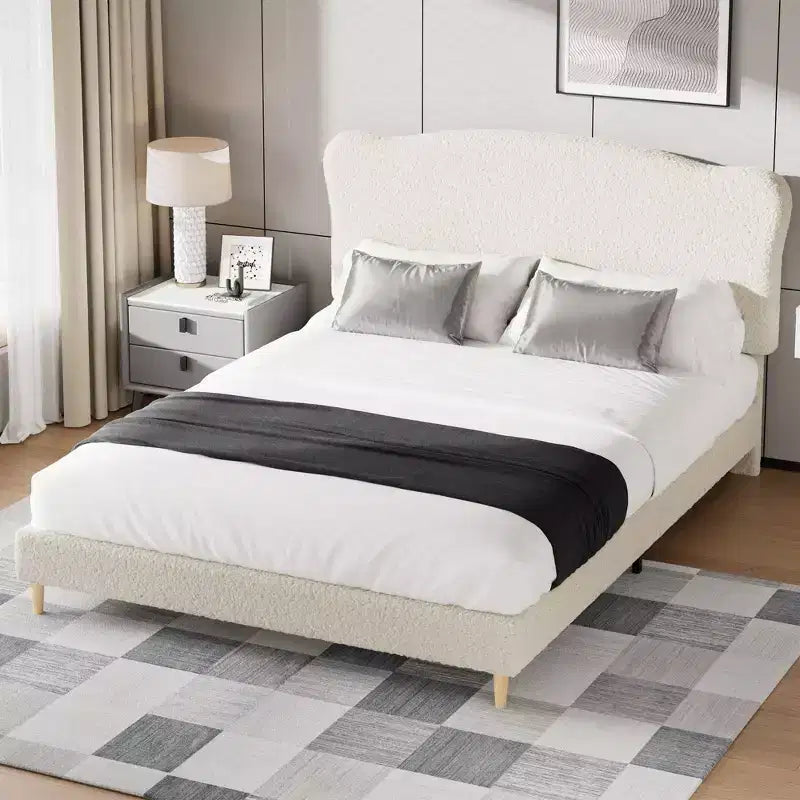 Acekool Upholstered Platform Bed Frame with Boucle Headboard, Low Profile Rounded Corner Bed, Wooden Slats, No Box Spring Needed