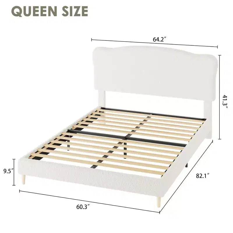 Base de cama tapizada con cabecero de bouclé, cama de perfil bajo con esquinas redondeadas, somier de lamas de madera, no necesita somier de muelles