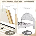 Base de cama tapizada con cabecero de bouclé, cama de perfil bajo con esquinas redondeadas, somier de lamas de madera, no necesita somier de muelles