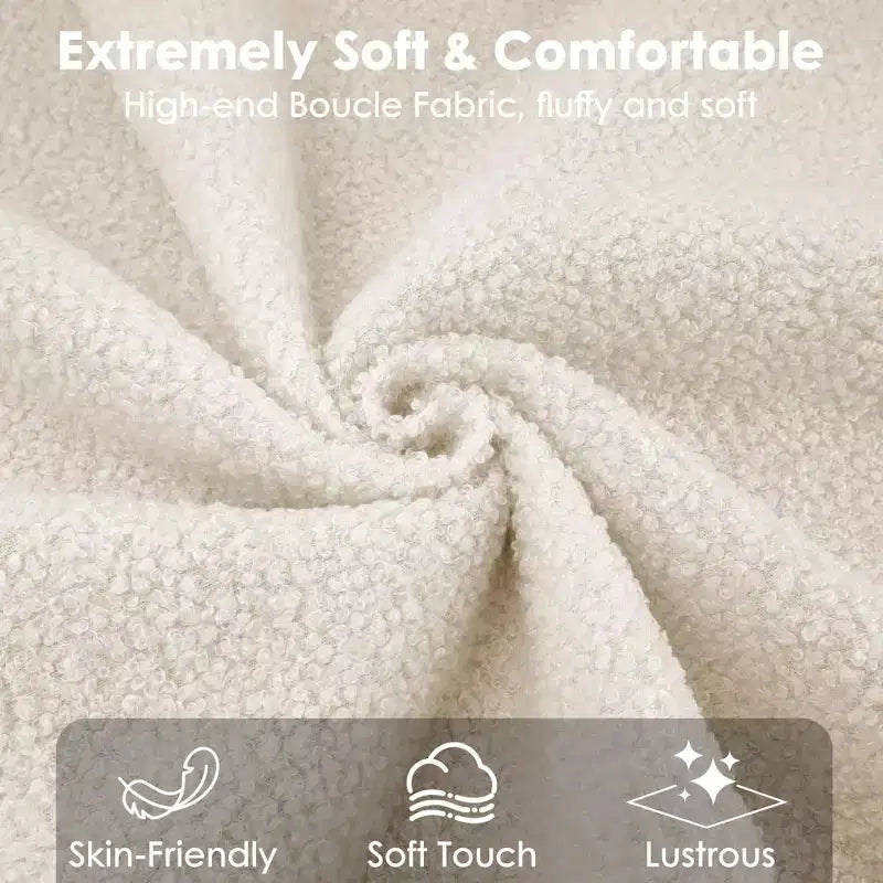 Base de cama tapizada con cabecero de bouclé, cama de perfil bajo con esquinas redondeadas, somier de lamas de madera, no necesita somier de muelles