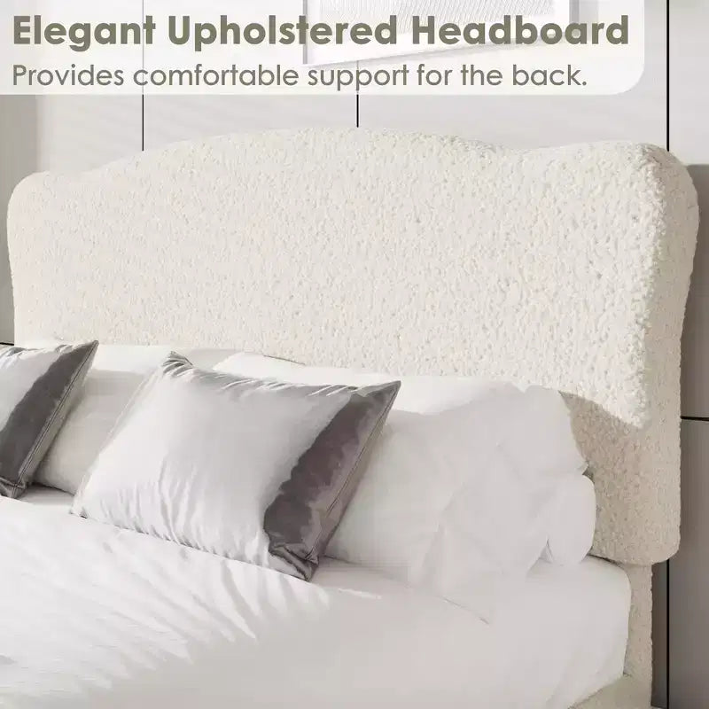 Base de cama tapizada con cabecero de bouclé, cama de perfil bajo con esquinas redondeadas, somier de lamas de madera, no necesita somier de muelles