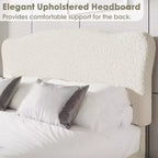 Base de cama tapizada con cabecero de bouclé, cama de perfil bajo con esquinas redondeadas, somier de lamas de madera, no necesita somier de muelles