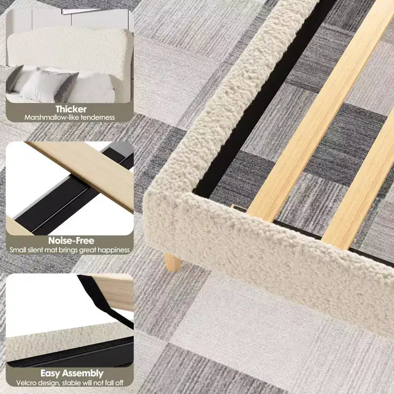 Base de cama tapizada con cabecero de bouclé, cama de perfil bajo con esquinas redondeadas, somier de lamas de madera, no necesita somier de muelles