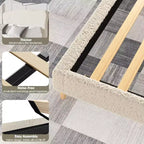 Base de cama tapizada con cabecero de bouclé, cama de perfil bajo con esquinas redondeadas, somier de lamas de madera, no necesita somier de muelles