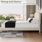 Base de cama tapizada con cabecero de bouclé, cama de perfil bajo con esquinas redondeadas, somier de lamas de madera, no necesita somier de muelles
