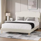 Base de cama tapizada con cabecero de bouclé, cama de perfil bajo con esquinas redondeadas, somier de lamas de madera, no necesita somier de muelles