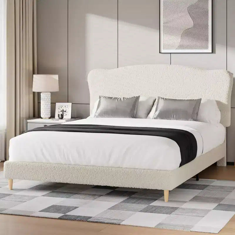 Base de cama tapizada con cabecero de bouclé, cama de perfil bajo con esquinas redondeadas, somier de lamas de madera, no necesita somier de muelles