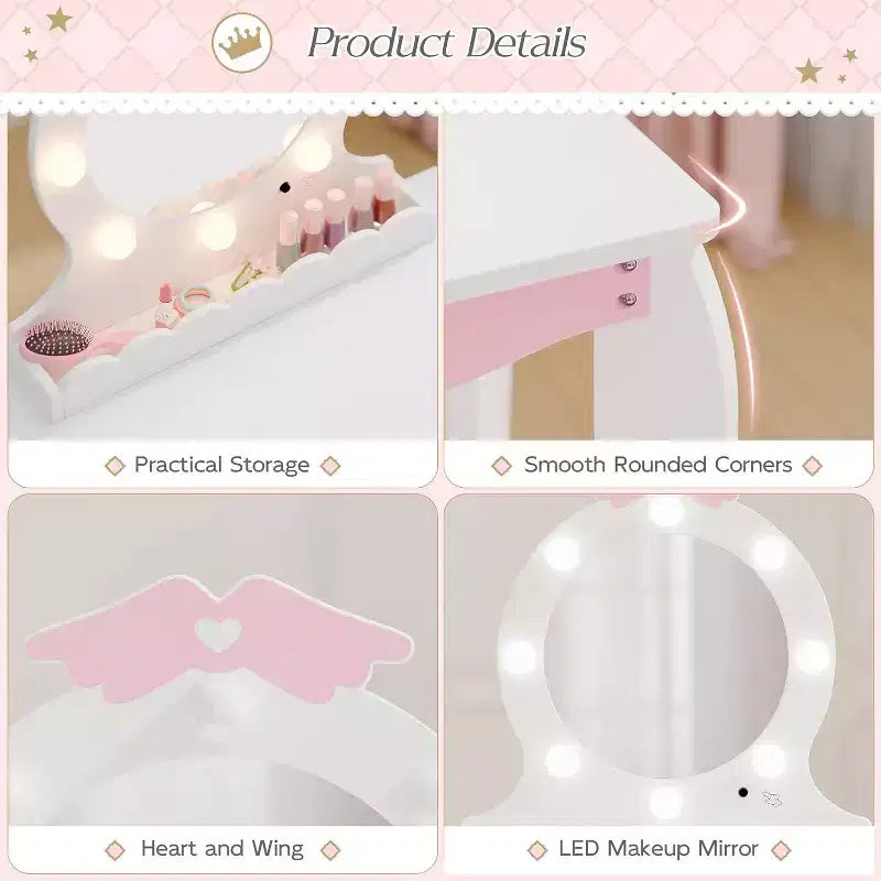 Tocador infantil con espejo iluminado y taburete con espacio de almacenamiento para niñas pequeñas