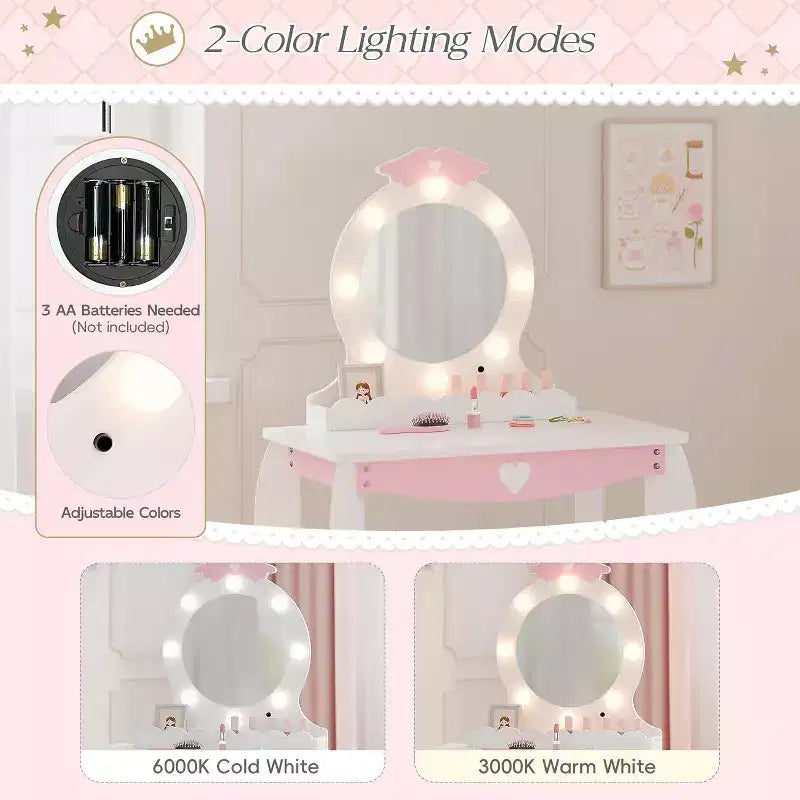 Tocador infantil con espejo iluminado y taburete con espacio de almacenamiento para niñas pequeñas