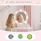 Tocador infantil con espejo iluminado y taburete con espacio de almacenamiento para niñas pequeñas