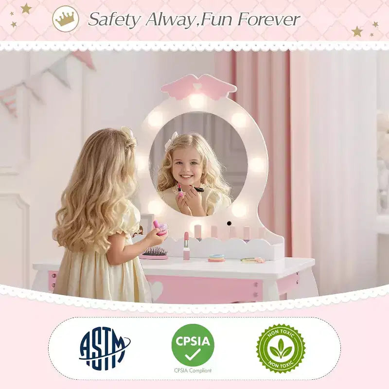 Tocador infantil con espejo iluminado y taburete con espacio de almacenamiento para niñas pequeñas