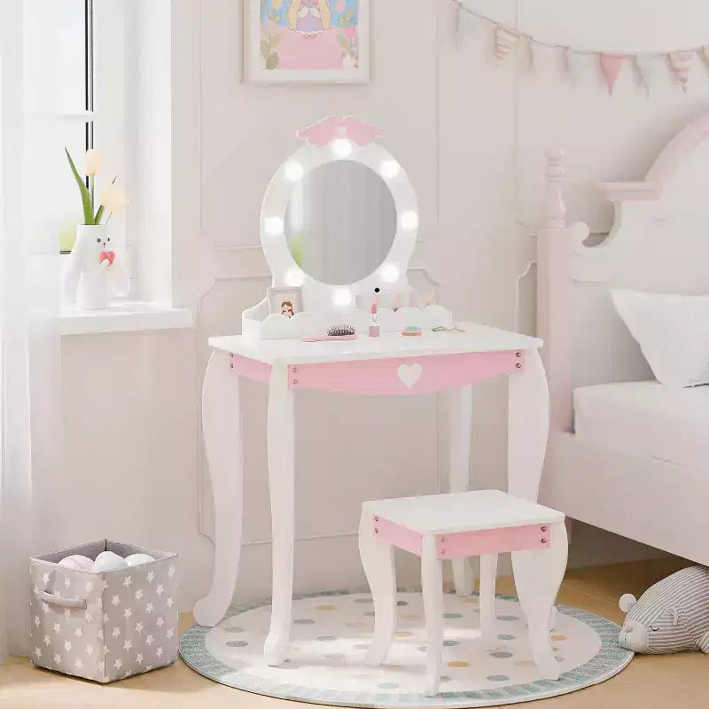 Tocador infantil con espejo iluminado y taburete con espacio de almacenamiento para niñas pequeñas