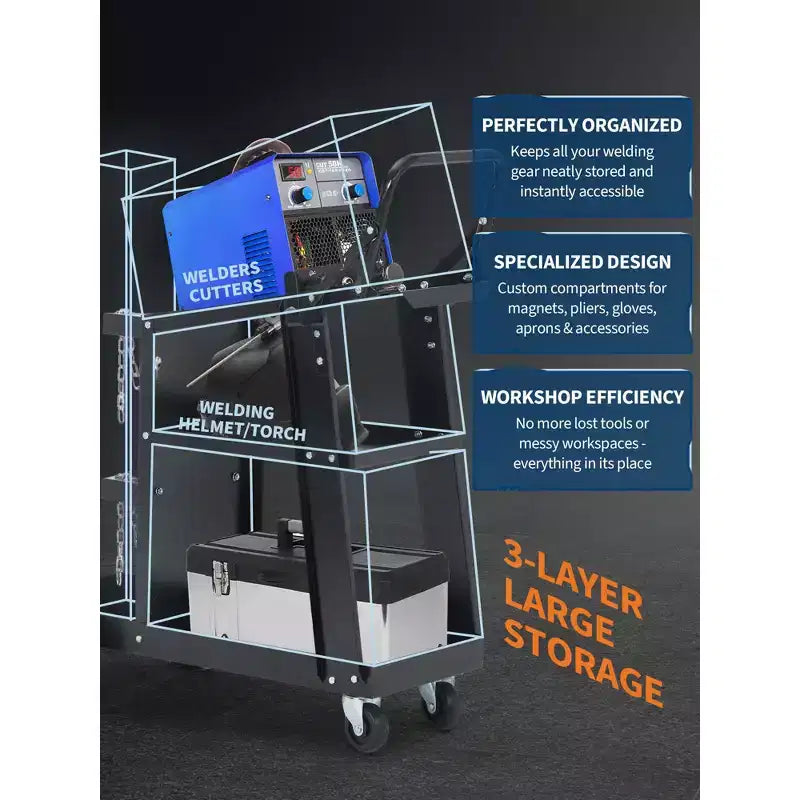 Carro de soldadura, carro de soldadura rodante de servicio pesado con almacenamiento de tanque, capacidad estática de 122 kg, ruedas giratorias de 360 grados para soldador MIG TIG y cortador de plasma