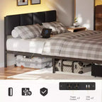 Base de cama moderna tamaño queen con cabecero ajustable, 2 cajones de almacenamiento, luces LED, estación de carga, plataforma tapizada gris de metal, no requiere somier