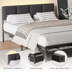Base de cama moderna tamaño queen con cabecero ajustable, 2 cajones de almacenamiento, luces LED, estación de carga, plataforma tapizada gris de metal, no requiere somier