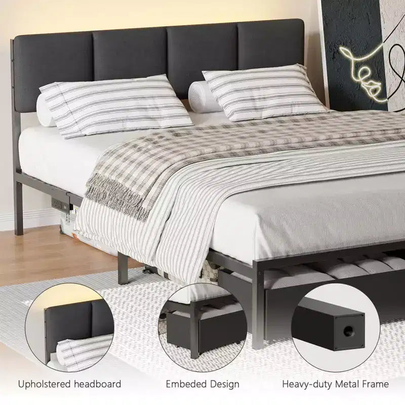 Base de cama moderna tamaño queen con cabecero ajustable, 2 cajones de almacenamiento, luces LED, estación de carga, plataforma tapizada gris de metal, no requiere somier