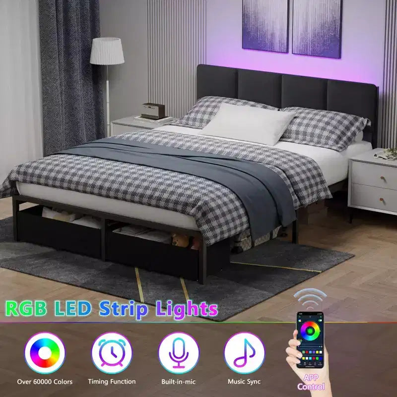 Base de cama moderna tamaño queen con cabecero ajustable, 2 cajones de almacenamiento, luces LED, estación de carga, plataforma tapizada gris de metal, no requiere somier