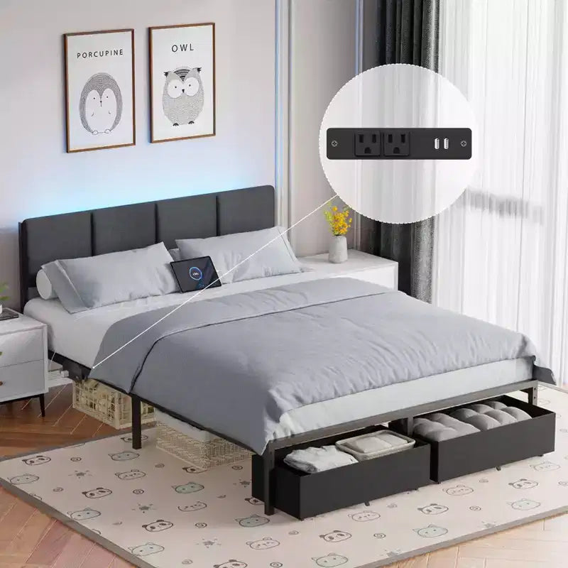 Base de cama moderna tamaño queen con cabecero ajustable, 2 cajones de almacenamiento, luces LED, estación de carga, plataforma tapizada gris de metal, no requiere somier