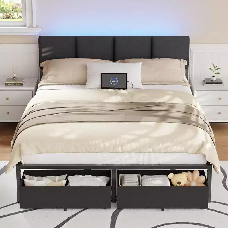 Base de cama moderna tamaño queen con cabecero ajustable, 2 cajones de almacenamiento, luces LED, estación de carga, plataforma tapizada gris de metal, no requiere somier