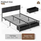 Base de cama moderna tamaño queen con cabecero ajustable, 2 cajones de almacenamiento, luces LED, estación de carga, plataforma tapizada gris de metal, no requiere somier