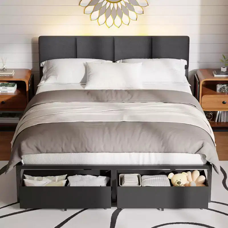 Base de cama moderna tamaño queen con cabecero ajustable, 2 cajones de almacenamiento, luces LED, estación de carga, plataforma tapizada gris de metal, no requiere somier