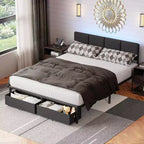Base de cama moderna tamaño queen con cabecero ajustable, 2 cajones de almacenamiento, luces LED, estación de carga, plataforma tapizada gris de metal, no requiere somier