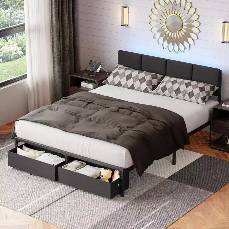 Base de cama moderna tamaño queen con cabecero ajustable, 2 cajones de almacenamiento, luces LED, estación de carga, plataforma tapizada gris de metal, no requiere somier
