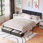 Base de cama moderna tamaño queen con cabecero ajustable, 2 cajones de almacenamiento, luces LED, estación de carga, plataforma tapizada gris de metal, no requiere somier