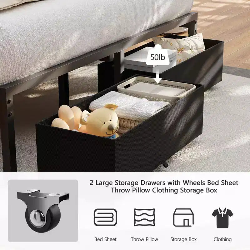 Base de cama moderna tamaño queen con cabecero ajustable, 2 cajones de almacenamiento, luces LED, estación de carga, plataforma tapizada gris de metal, no requiere somier