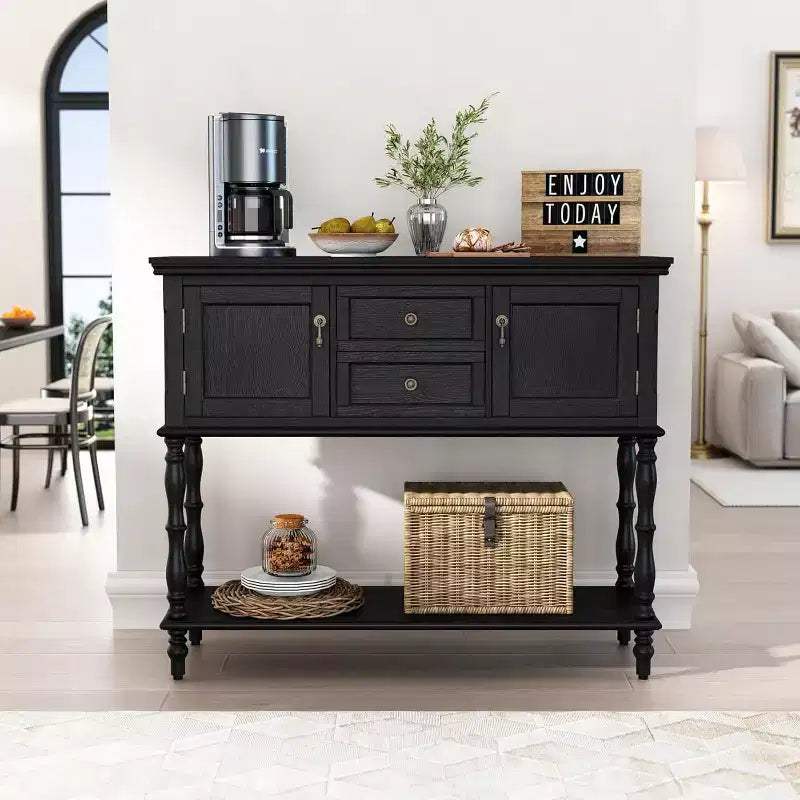 Mesa auxiliar para recibidor de estilo vintage con 2 cajones y 2 puertas. Patas en forma de columna romana, adecuada para sala de estar y recibidor.