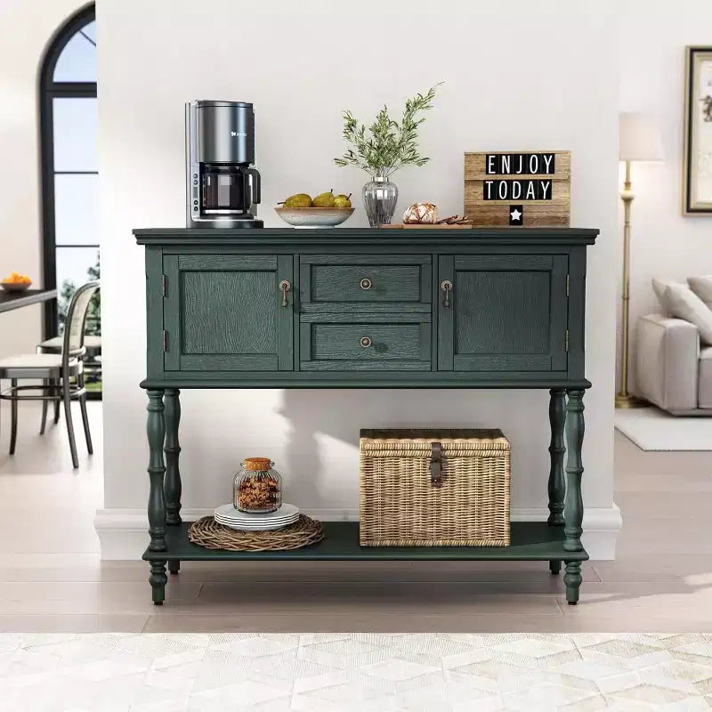 Mesa auxiliar para recibidor de estilo vintage con 2 cajones y 2 puertas. Patas en forma de columna romana, adecuada para sala de estar y recibidor.