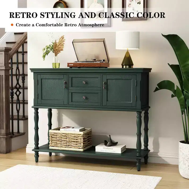 Mesa auxiliar para recibidor de estilo vintage con 2 cajones y 2 puertas. Patas en forma de columna romana, adecuada para sala de estar y recibidor.